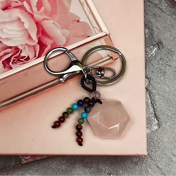 Natural Rose Quartz Hexagon Stone with Rainbow Chakra Keychain Charm - Picture 5 of 14